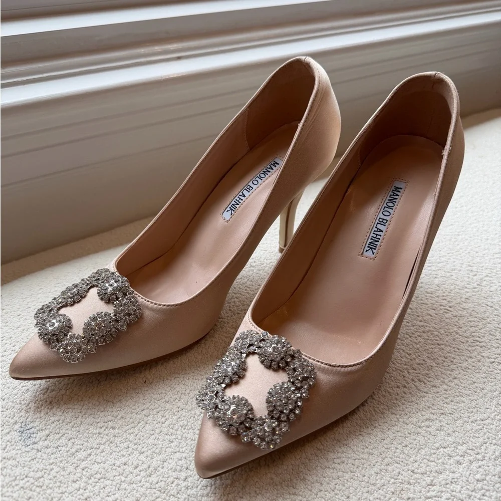 Manolo Blahnik Nude Heels with Crystal Embellishments - Picture 1 of 9